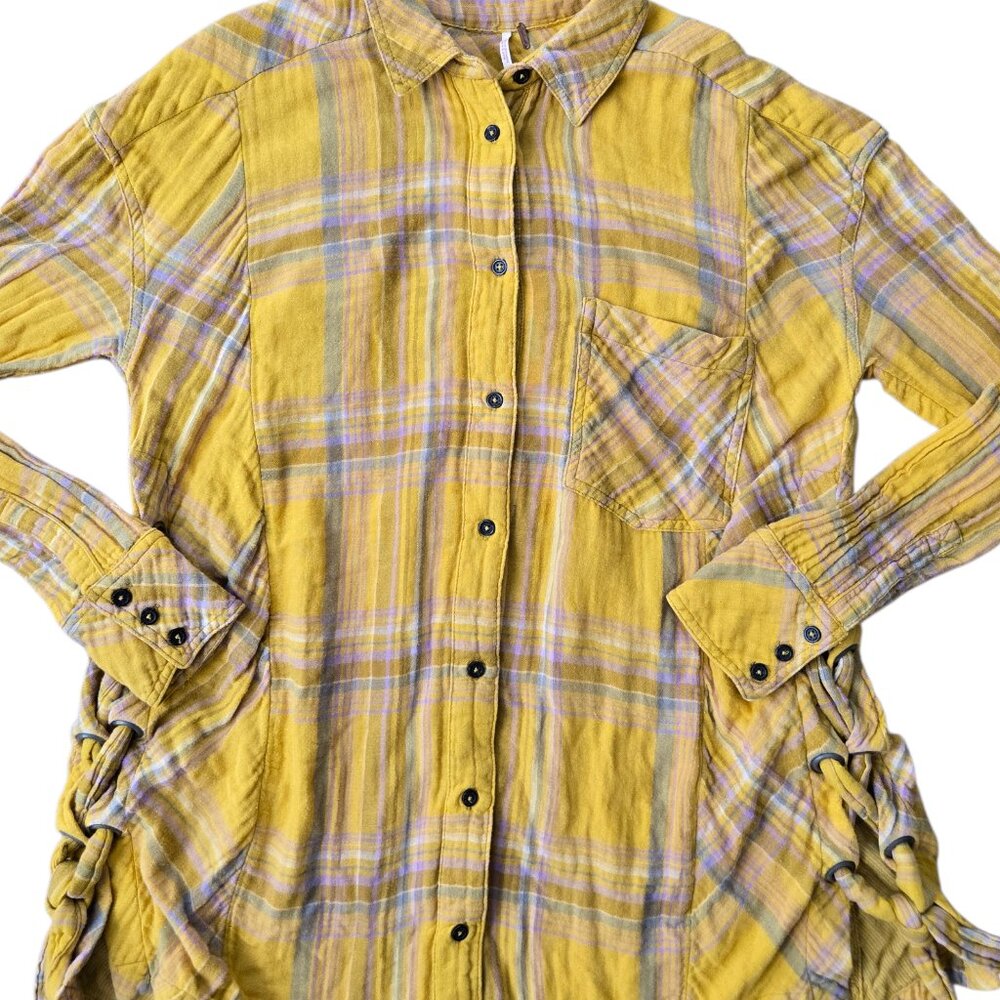Free People XS Multicolor Plaid Tunic Shirt Flannel Flowy Boho - Picture 1 of 6
